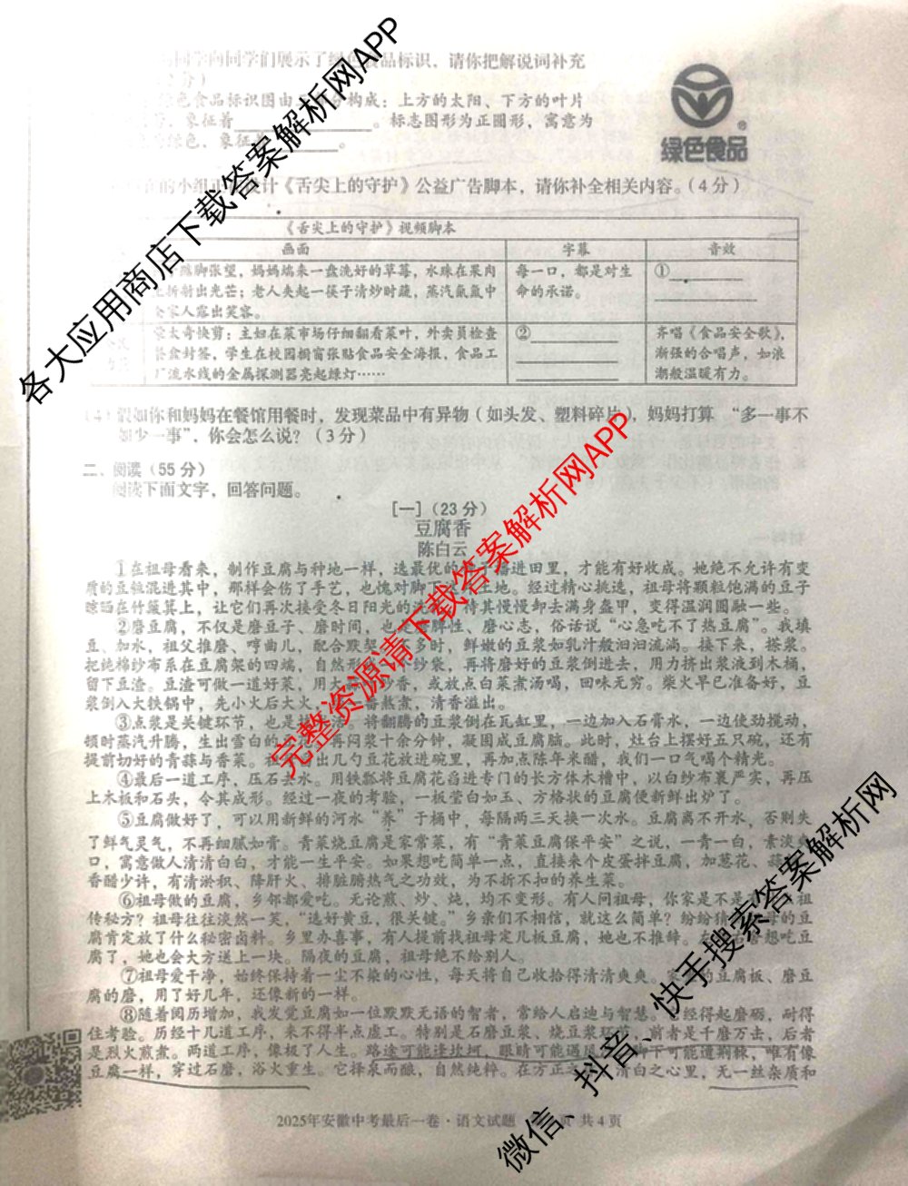 2025年安徽中考最后一卷: 含数学 物理 语文试卷解析语文试题