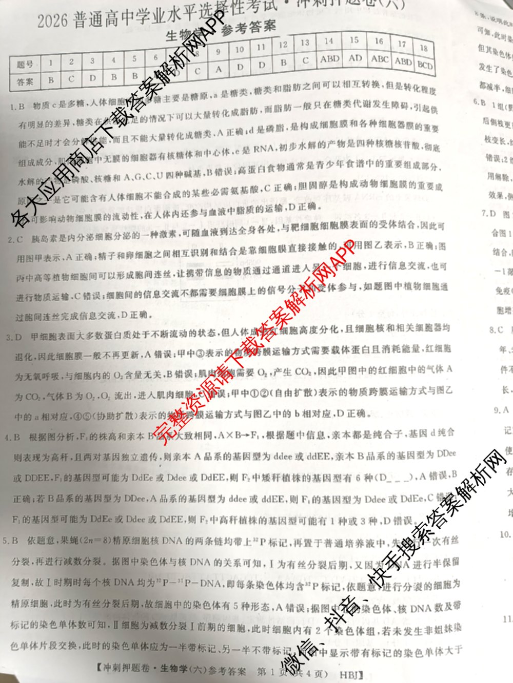 2026普通高等学校招生全国统一考试冲刺押题卷(六)6（16科全）生物答案