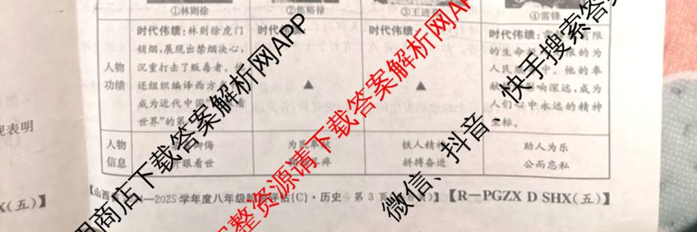山西省2024~2025学年度八年级阶段评估(C)[PGZX D SHX(五)]试卷及答案汇总（含历史(R)、数学(HSD)、语文(R)等）历史试题