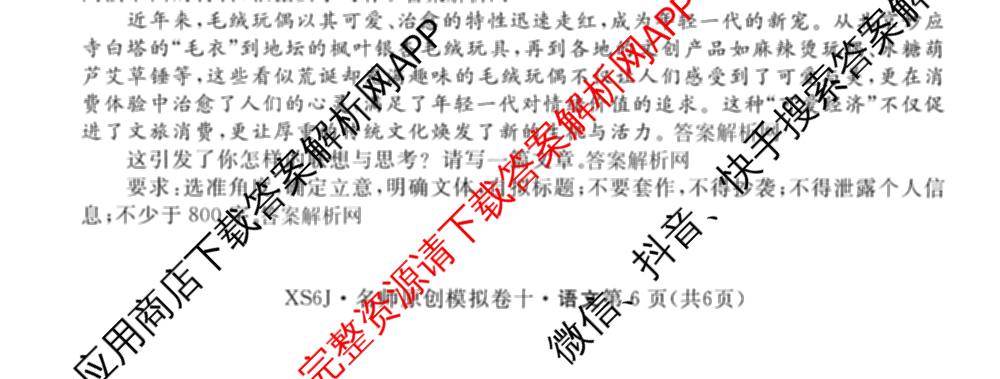 2026届高三总复习名师原创模拟(十)10（含物理(HN6)、英语(新S6)、历史(CQX6)等）语文试题