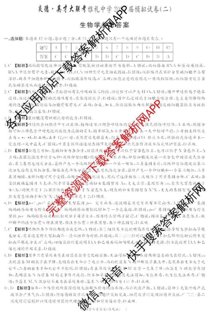 炎德英才大联考雅礼中学2025届模拟试卷(二)各科答案及试卷(已更新化学 政治 物理等9份)生物答案