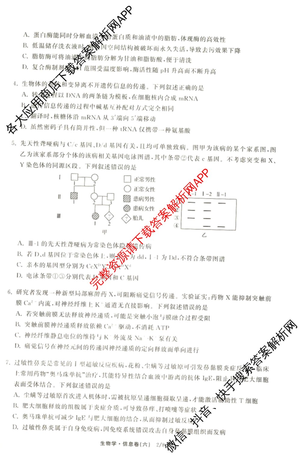 天舟高考衡中同卷2026年普通高等学校招生全国统一考试模拟信息卷(六)6试卷及答案汇总（含化学(山东版) 数学(无字母) 文综(新疆版)等）生物试题