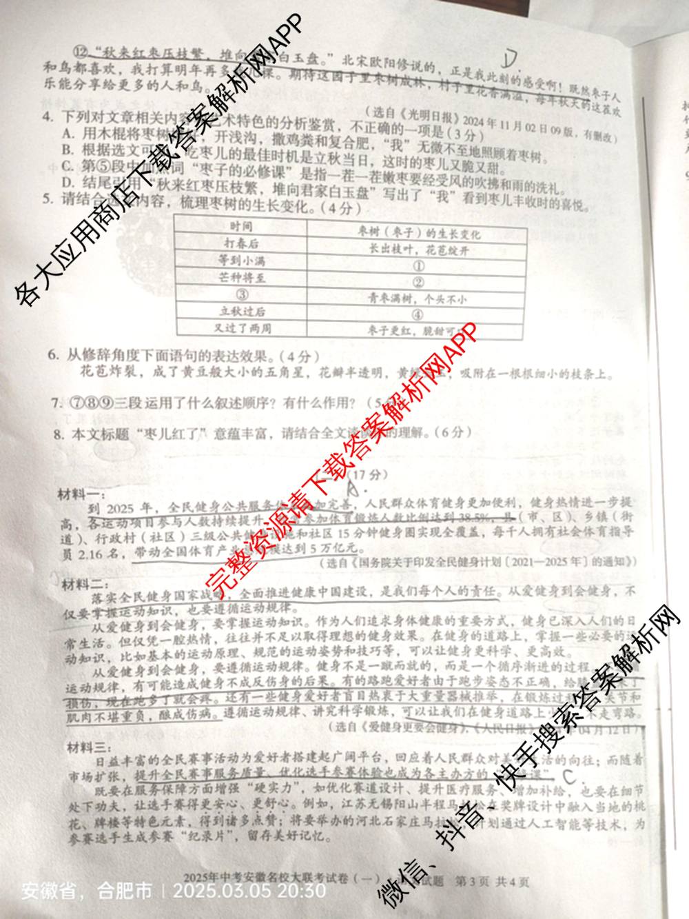 2025年中考安徽名校大联考试卷(一)试卷及答案汇总(已更新数学 物理 英语等7份)语文试题