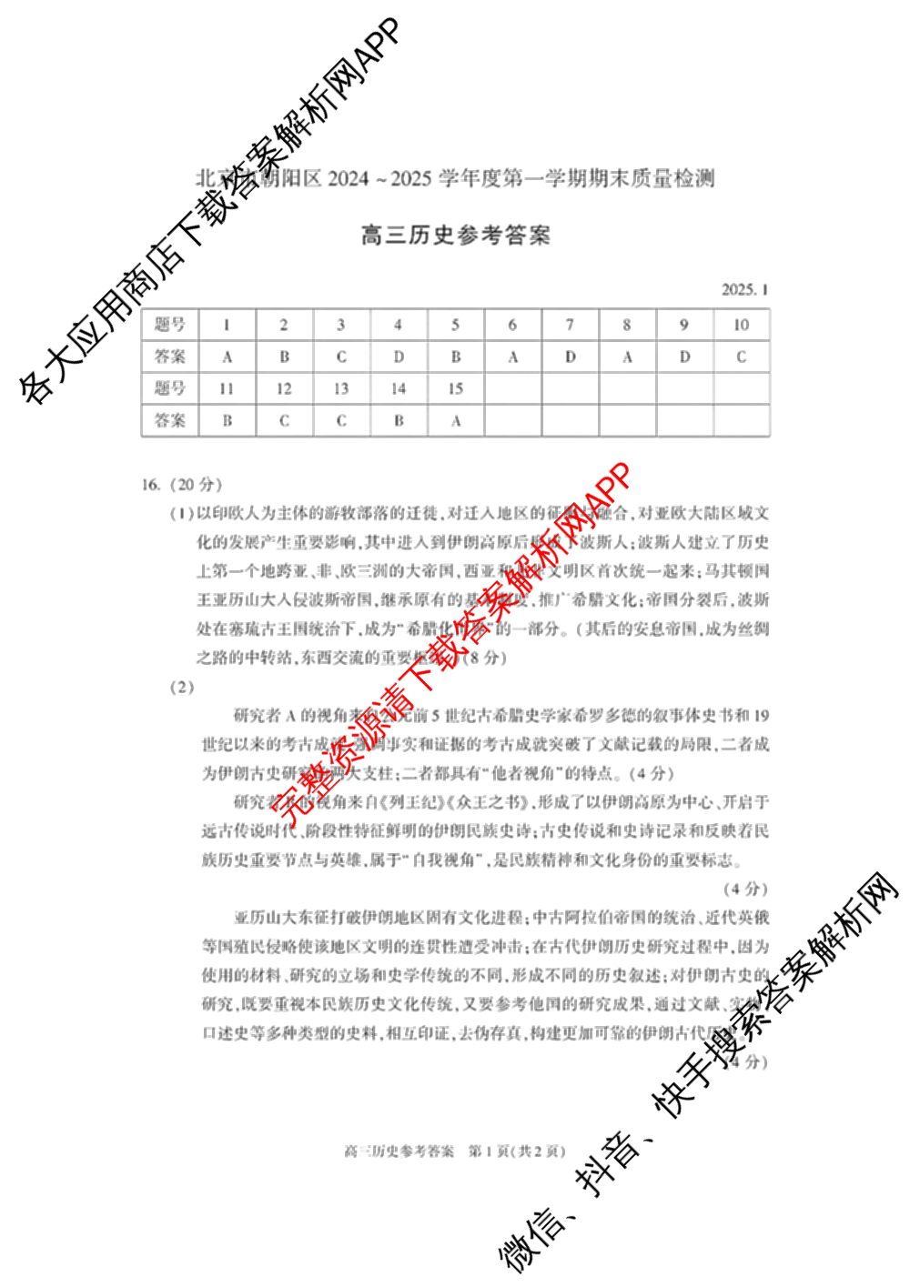 北京市朝阳区2024~2025学年度高三第一学期期末质量检测: 含物理 政治 化学试卷解析历史答案