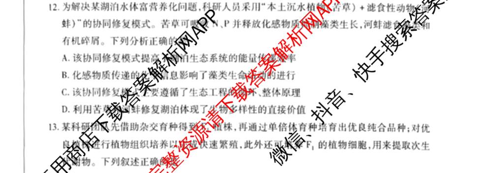 天一大联考河南省2027届高三联考(HN202609)（含数学、语文、化学等）生物试题