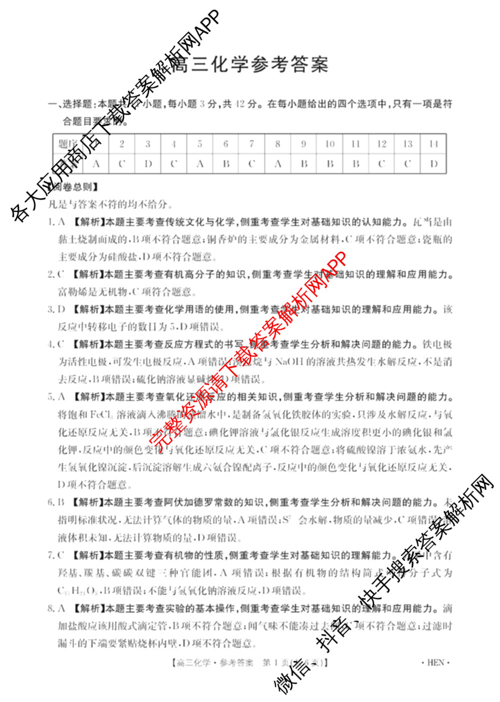 河南省2026届高三4月联考HEN(4.8)各科答案及试卷（含地理 化学 数学等9份）化学答案