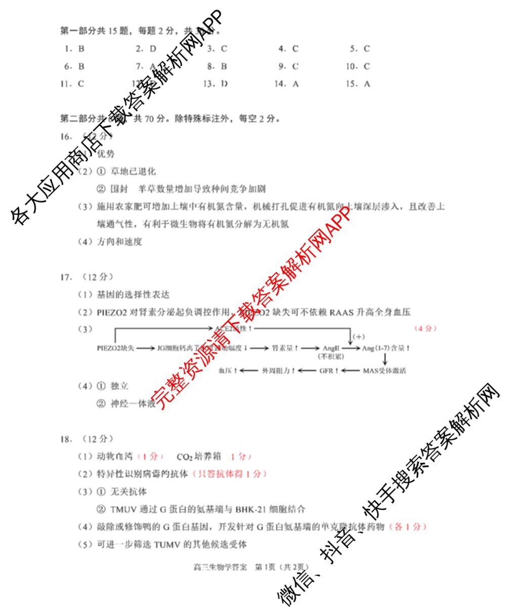 2026北京昌高三一模(2026.4)各科答案及试卷: 含物理、生物、英语试卷解析生物答案