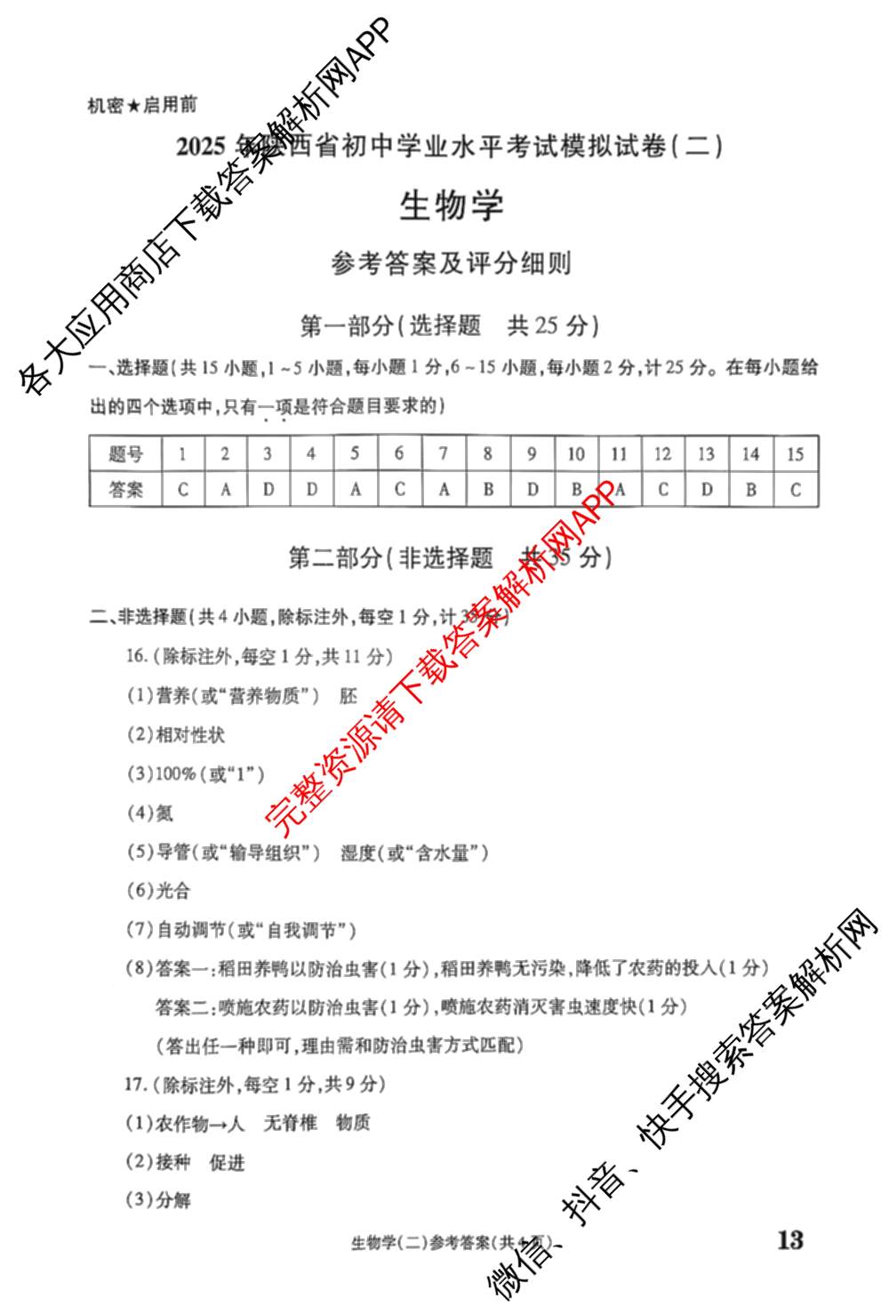 煌卷2025年陕西省初中学业水模拟试卷(二)（9科全）生物答案