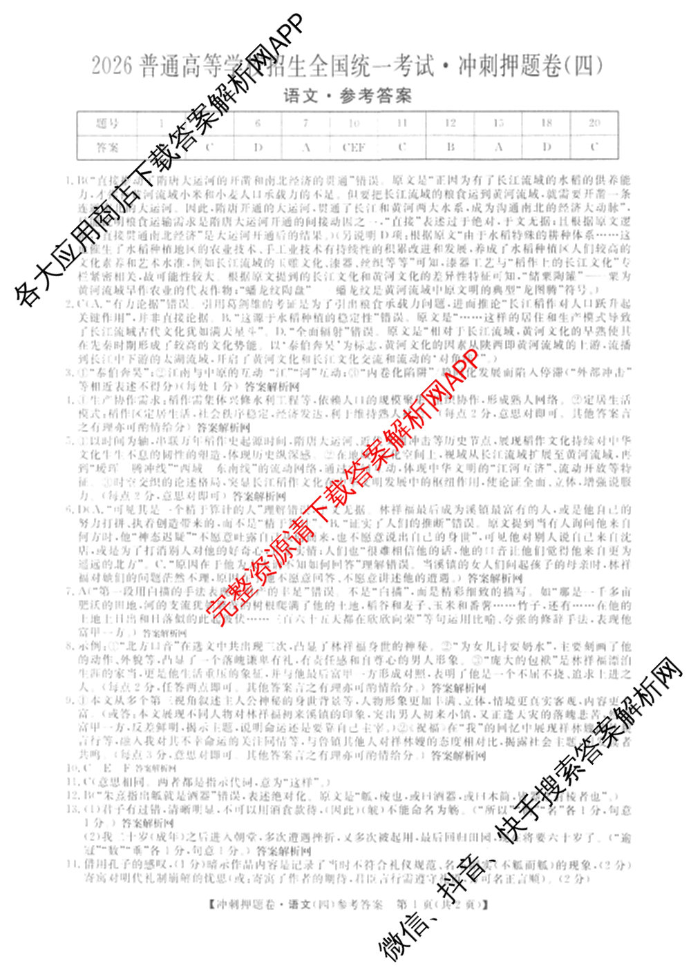 2026普通高等学校招生全国统一考试冲刺押题卷(四)4试卷及答案汇总（含生物(HBJ)、数学(B L)、政治等16份）语文答案