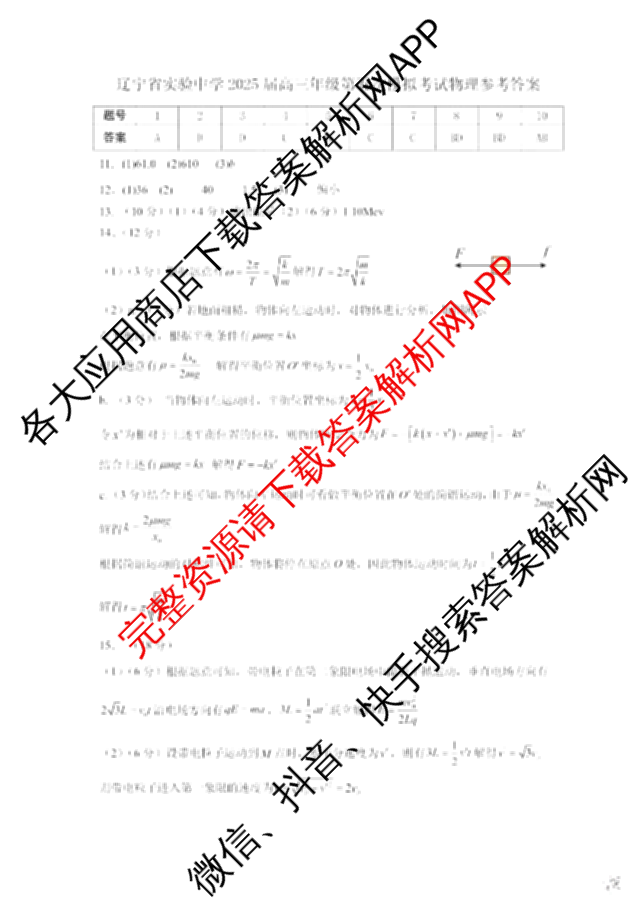 辽宁省实验中学2024-2025学年度下学期高三年级第五次模拟考试试卷及答案汇总（含化学、地理、物理等9份）物理答案