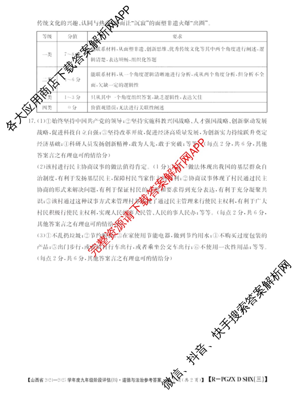 山西省2024~2025学年度九年级阶段评估(B)[PGZX D SHX(三)]试卷及答案汇总(已更新物理(HYB) 道德与法治(R) 语文(R)等12份)道德与法治(R)答案