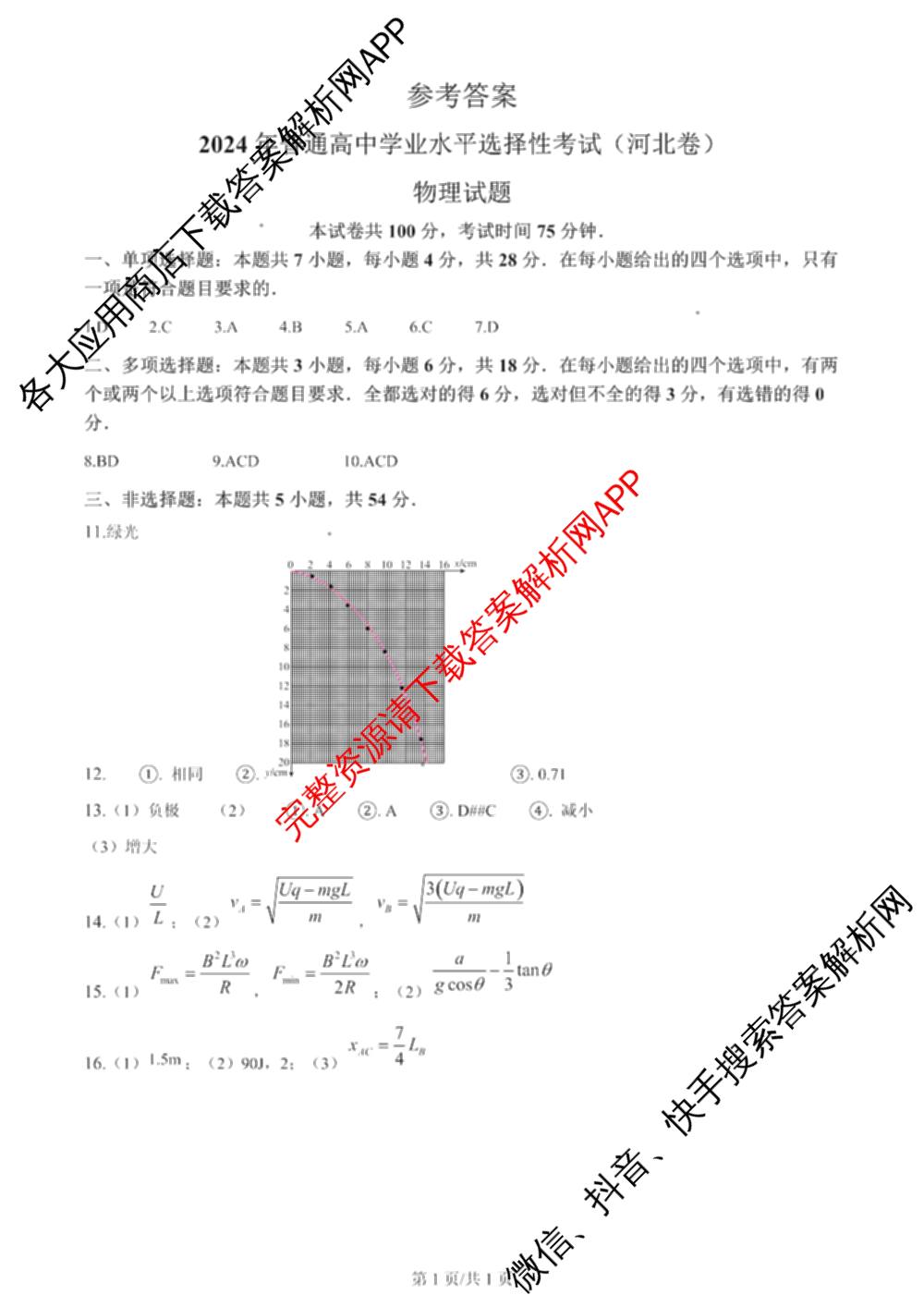 2024年高考真题(新高考)(已更新生物(山东卷) 数学(新课标II卷) 物理(河北卷)等108份)物理答案