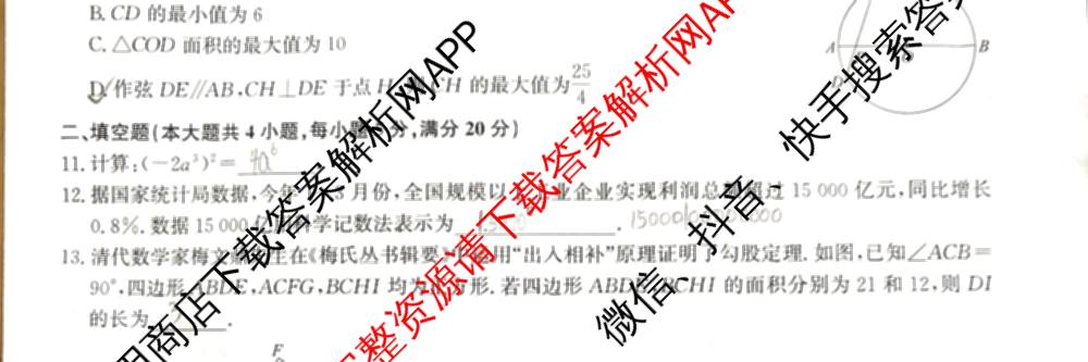 2025年安徽省初中学业水考试名校联考(三)（含物理、语文、英语等7份）数学试题