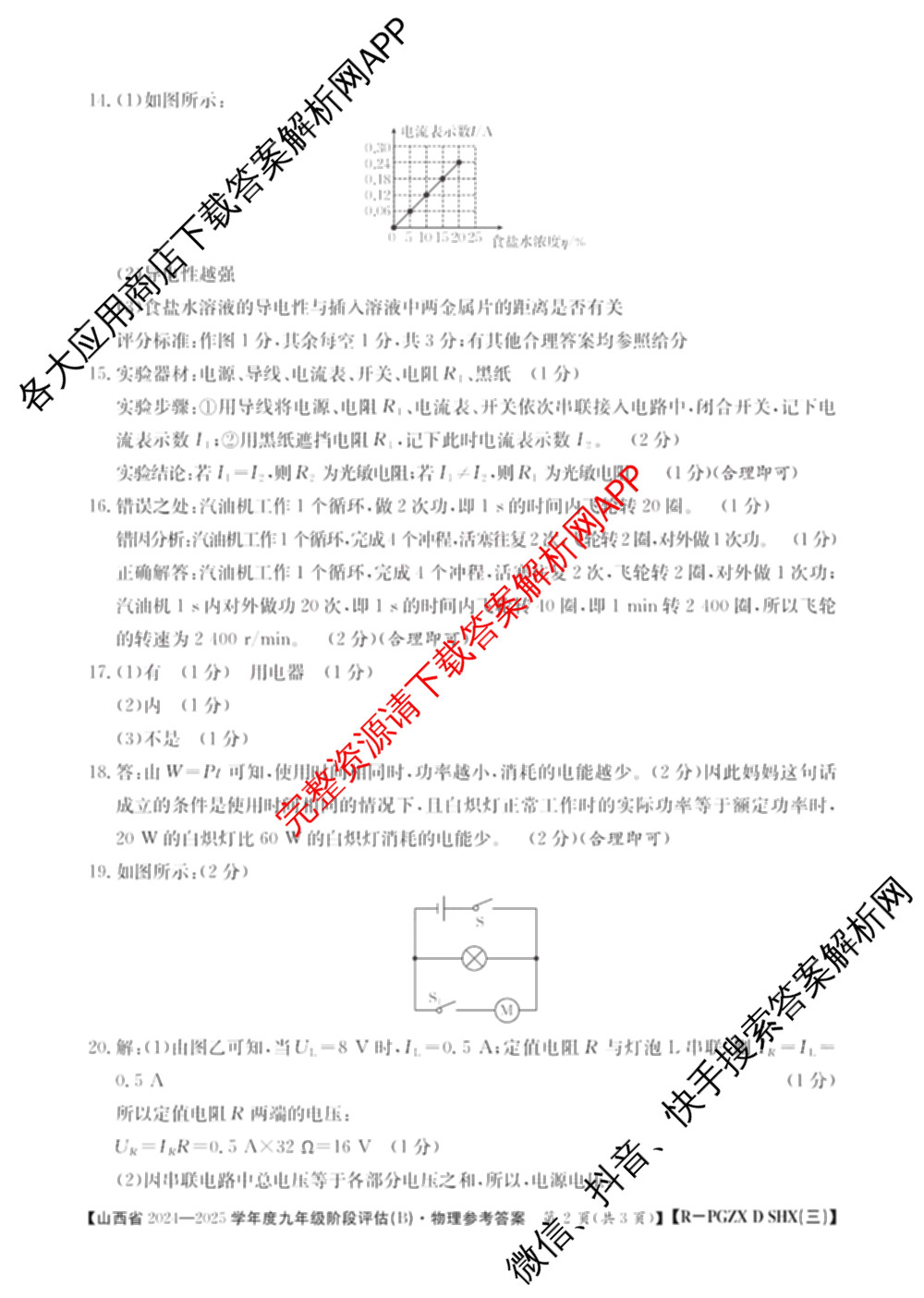 山西省2024~2025学年度九年级阶段评估(B)[PGZX D SHX(三)]试卷及答案汇总(已更新物理(HYB) 道德与法治(R) 语文(R)等12份)物理答案