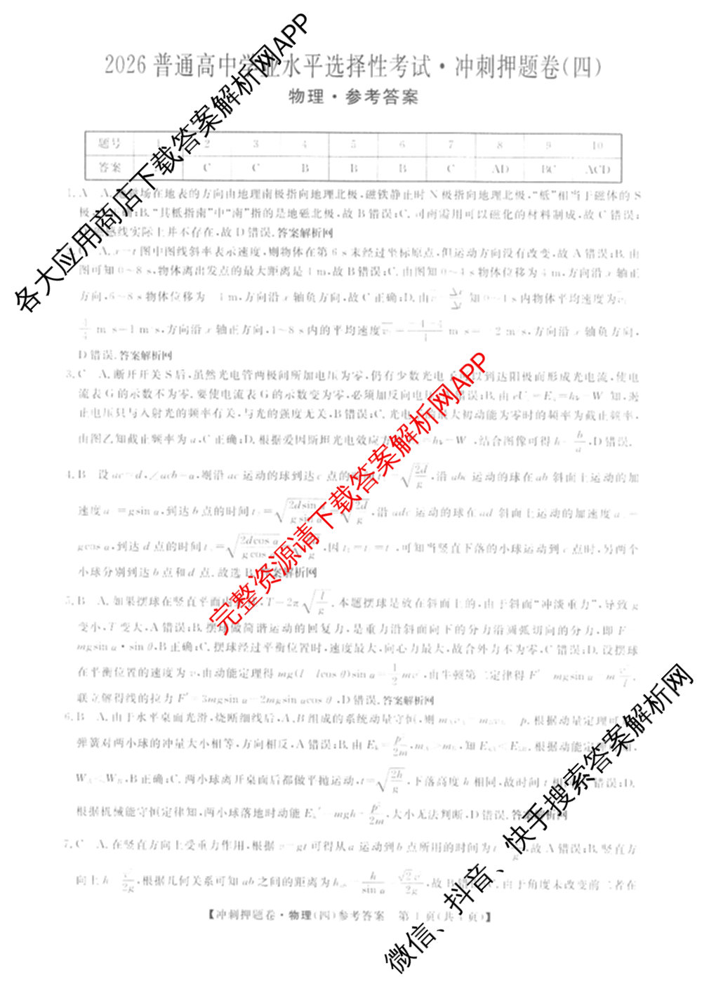 2026普通高等学校招生全国统一考试冲刺押题卷(四)4试卷及答案汇总（含生物(HBJ)、数学(B L)、政治等16份）物理答案