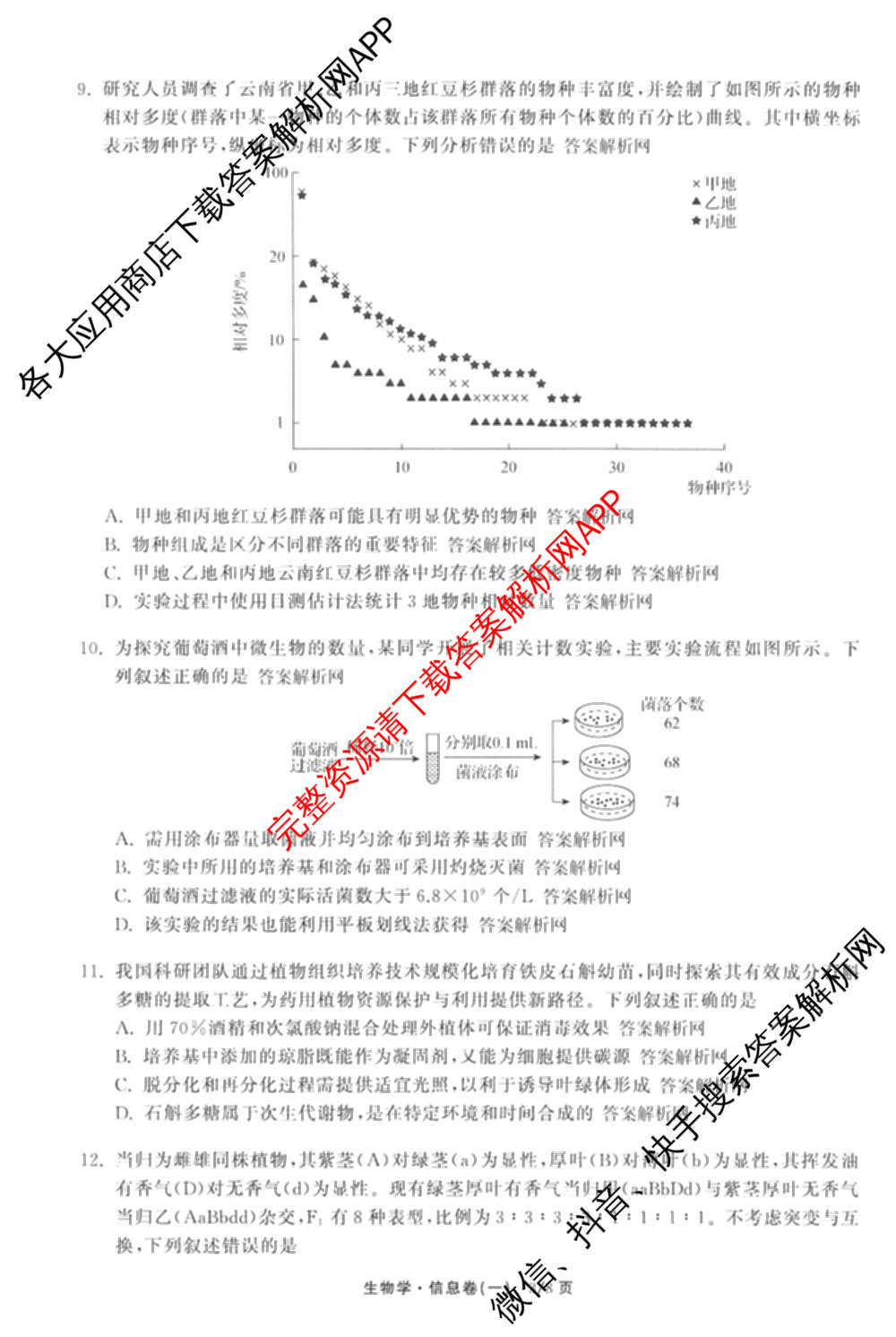 天舟高考衡中同卷2026年普通高等学校招生全国统一考试模拟信息卷(一)1(已更新政治(WY)、政治(河南版)、英语(通用版)等34份)生物试题