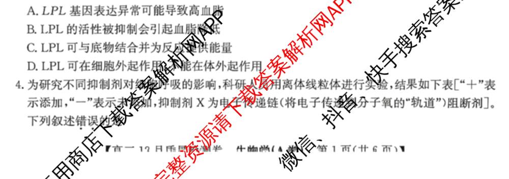 三晋卓越联盟山西省2025~2026学年高三12月质量检测卷(26-X-205C)各科答案及试卷（含语文、地理(A卷)、政治(B卷)等）生物试题