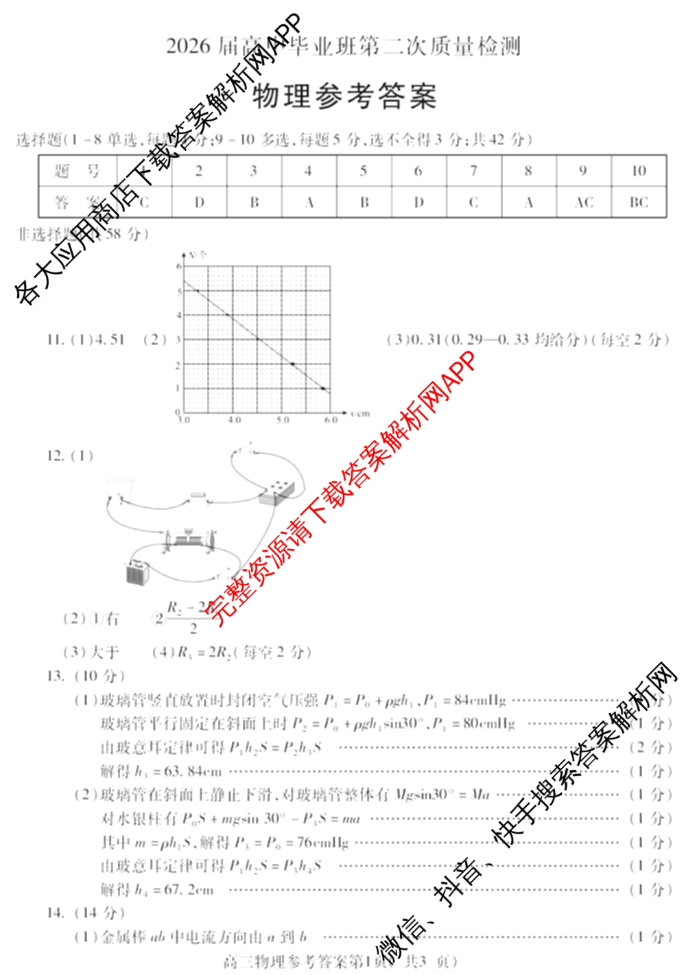 [铜陵/宣城/黄山二模]安徽省2026届高中毕业班第二次质量检测(4.7)（9科全）物理答案