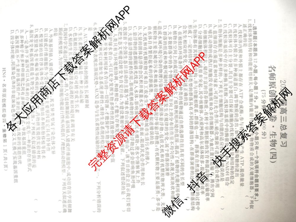 2026届高三总复习名师原创模拟(四)4各科答案及试卷（39科全）生物试题