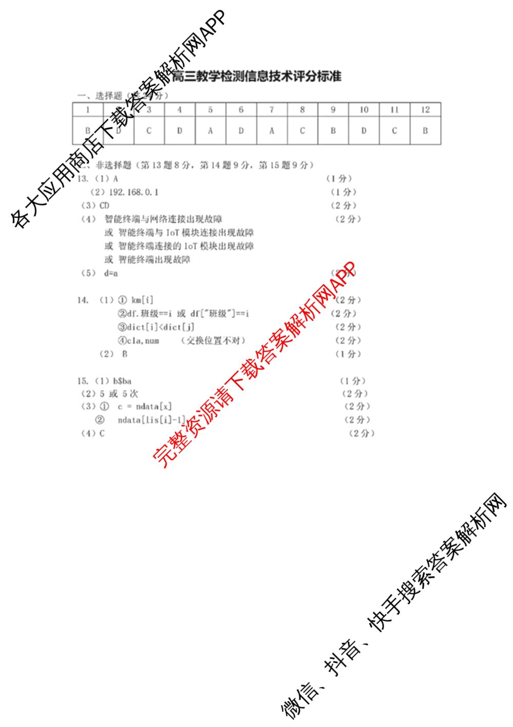 2024学年第一学期杭州市高三年级教学质量检测（含化学 技术 英语等）技术答案