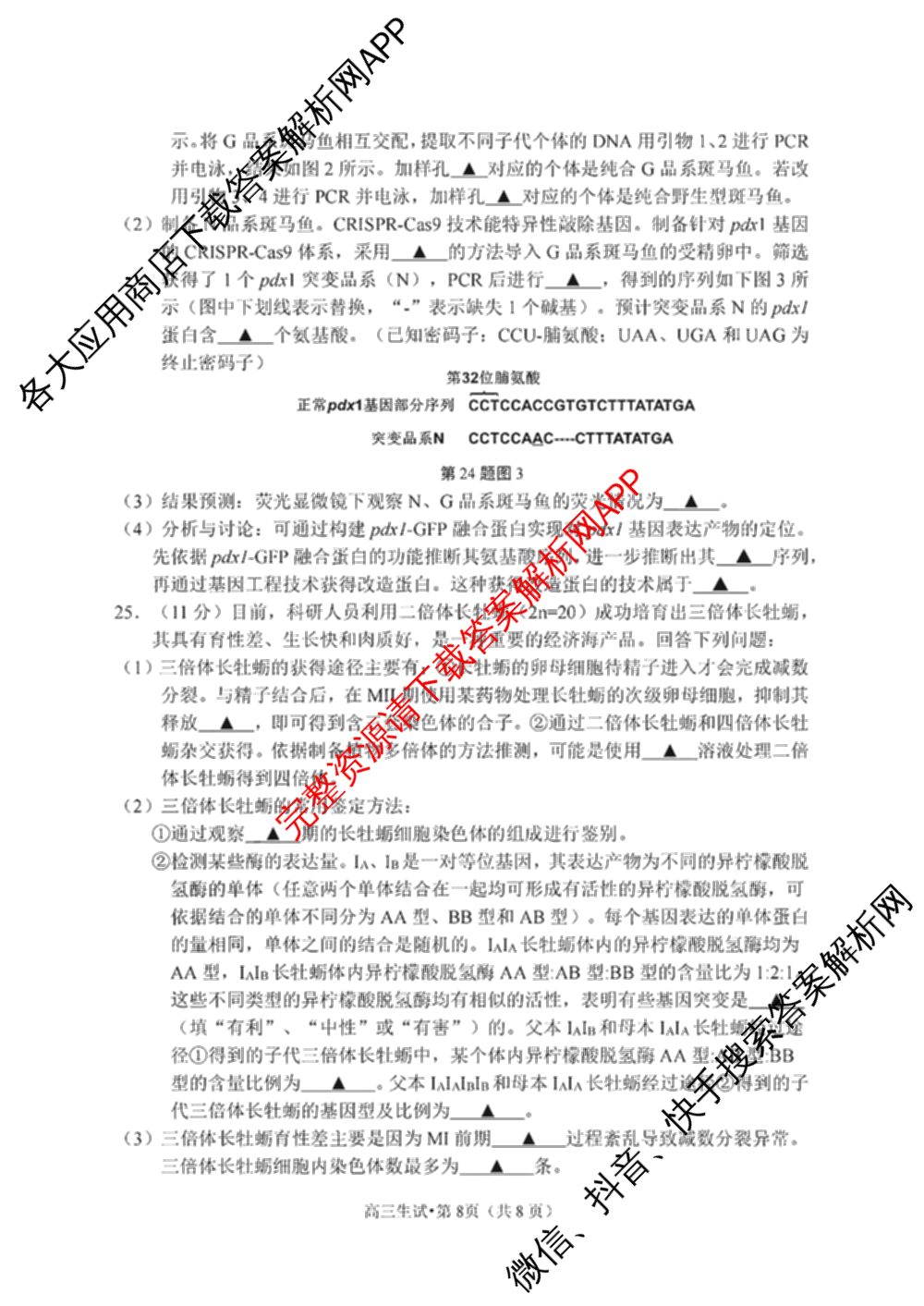 2024学年第一学期杭州市高三年级教学质量检测（含化学 技术 英语等）生物试题