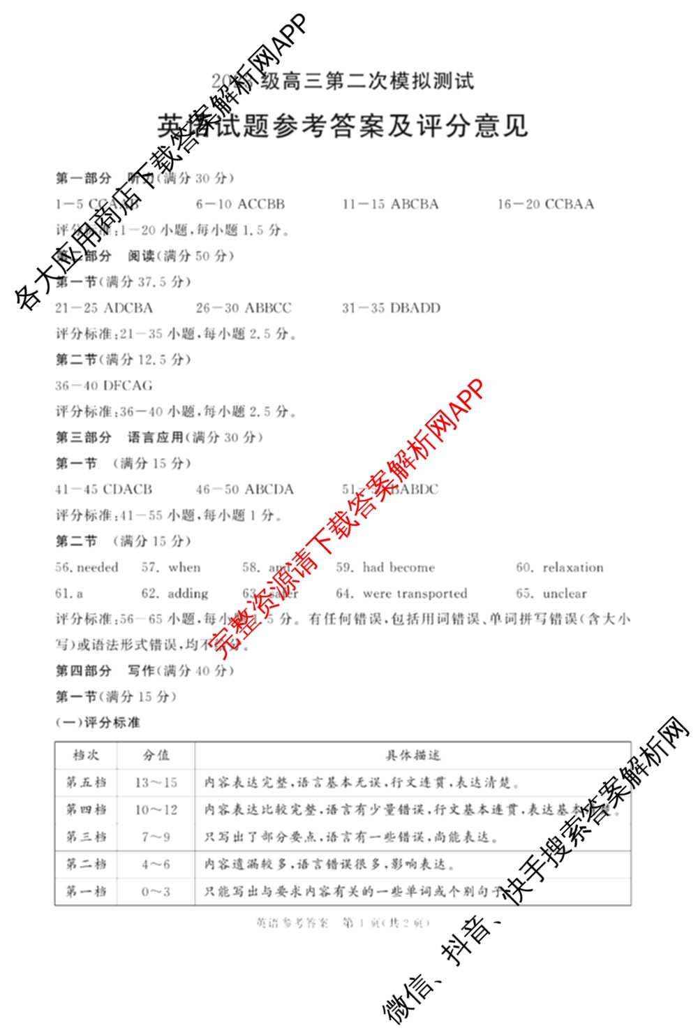 四川省成都市2023级高三第二次模拟测试(3.23)（10科全）英语答案