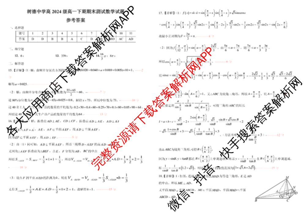 树德中学高2024级高一下期期末测试(2025-07)试卷及答案汇总（含语文 历史 数学等）数学答案