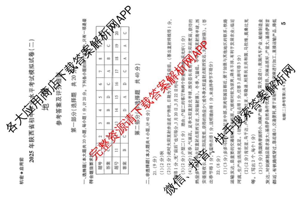 煌卷2025年陕西省初中学业水模拟试卷(二)（9科全）地理答案
