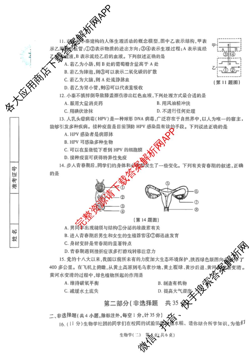 煌卷2025年陕西省初中学业水模拟试卷(二)（9科全）生物试题