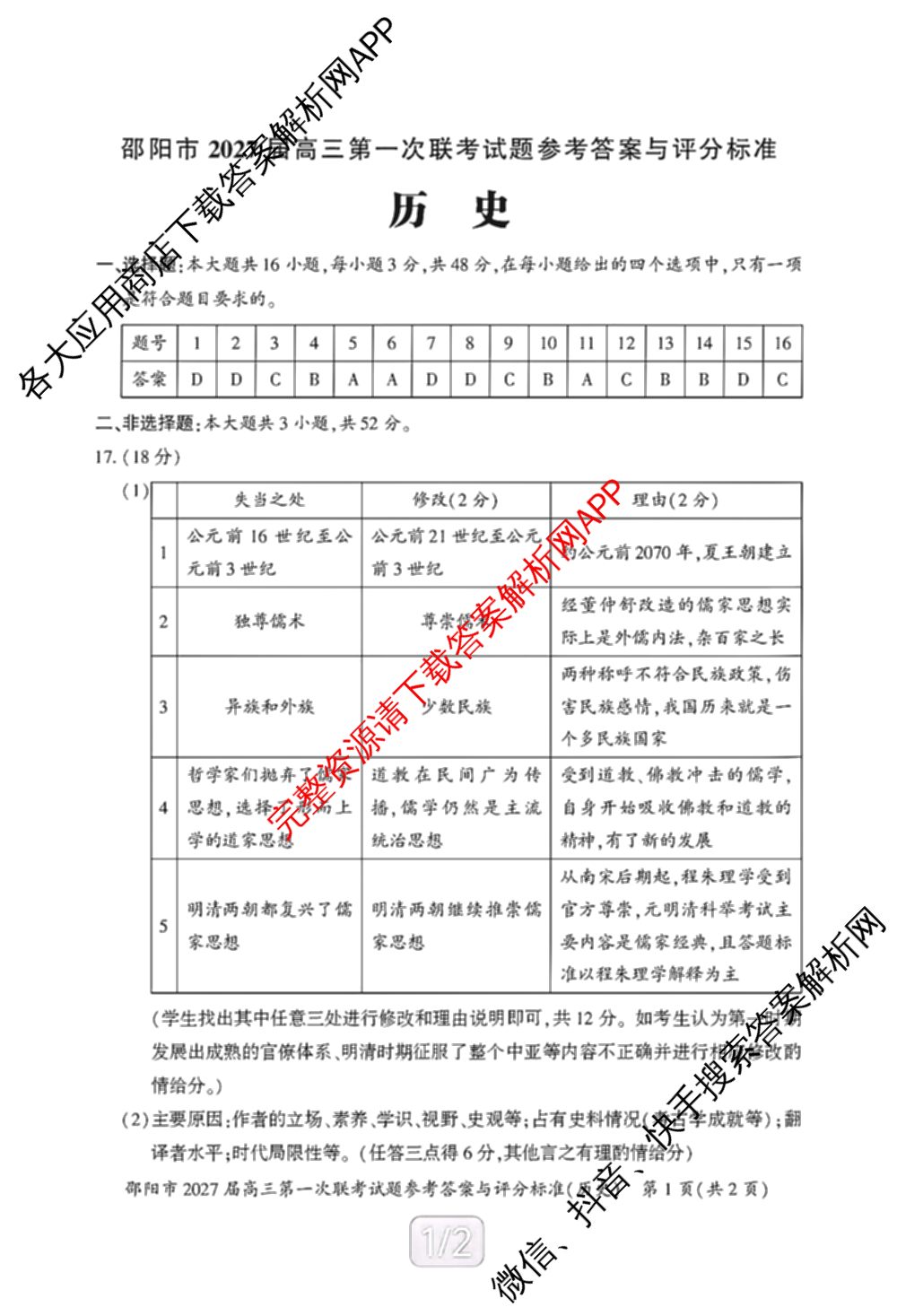 湖南省邵阳市2027届高三第一次联考试题卷(9.10)各科答案及试卷（含化学 政治 数学等9份）历史答案