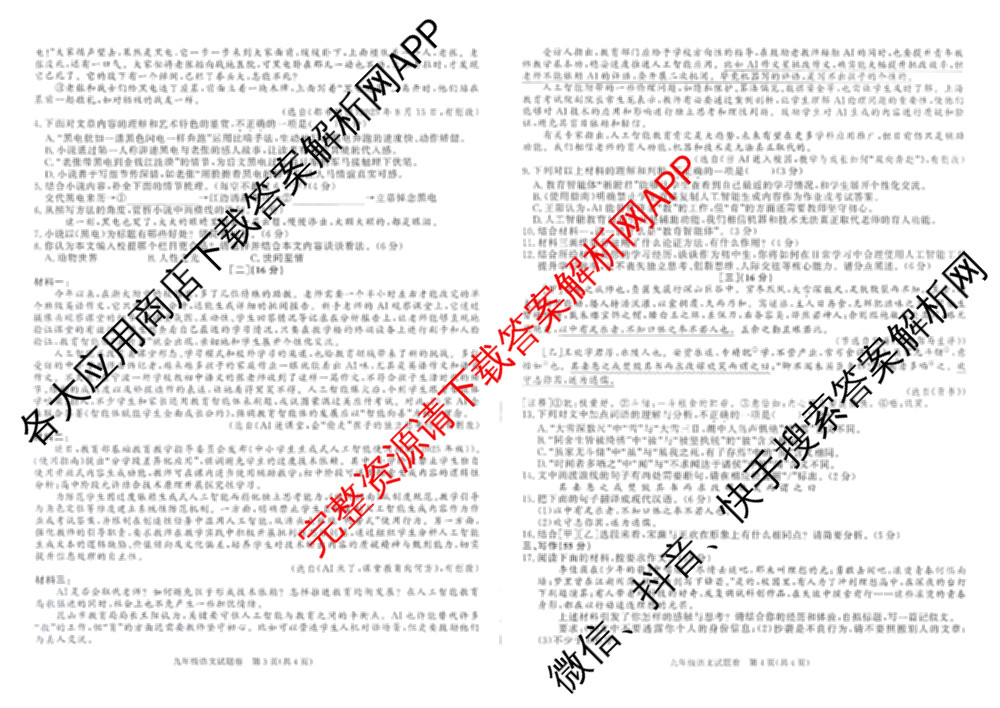 安徽省蒙城县2025-2026学年度第一学期第三次质量检测试卷九年级(已更新历史、英语、道德与法治等7份)语文试题