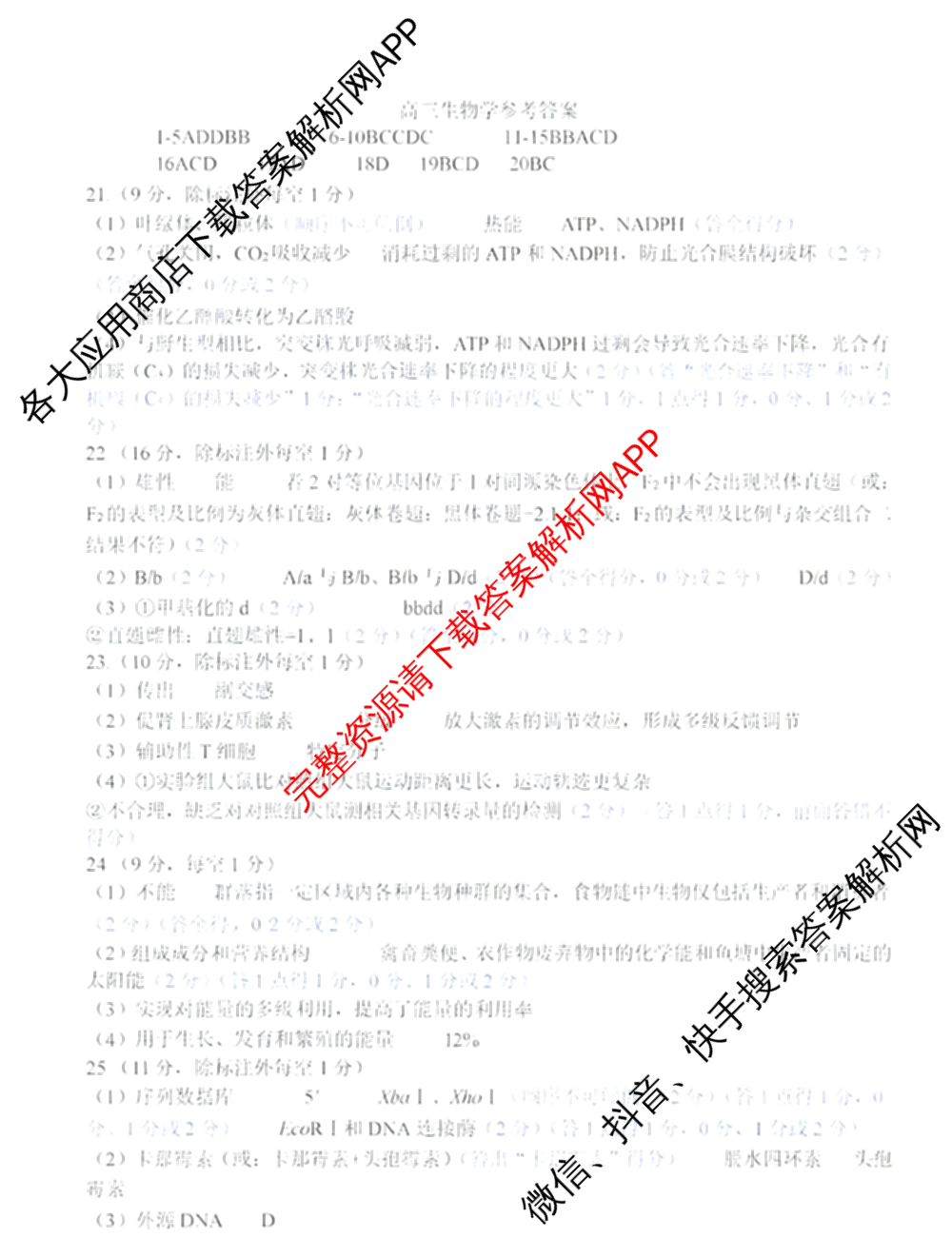 山东省2026年4月高三核心素养评估（含历史、地理、英语等9份）生物答案