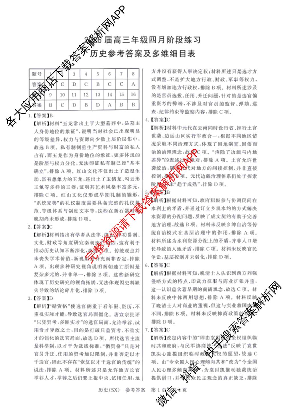 山西省2026届高三年级四月阶段练(SX)试卷及答案汇总(已更新生物(SX)、地理(HN)、政治(HN)等21份)历史答案