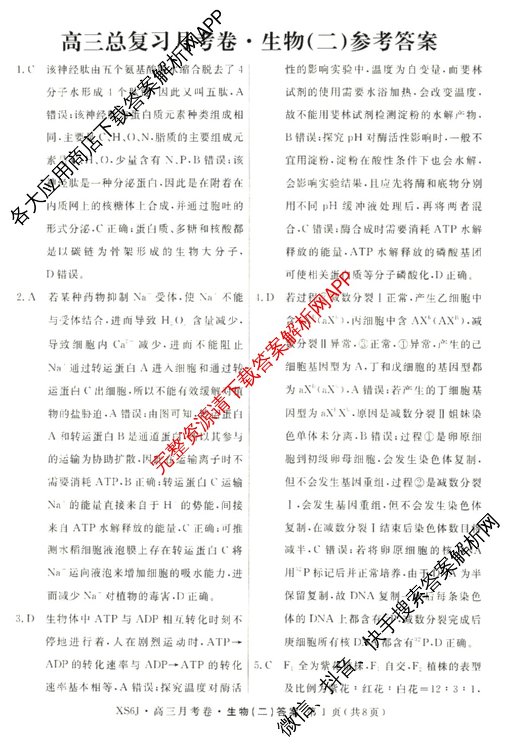 名校联考2026届高三总复月考卷(二)2各科答案及试卷(含化学(XS6J) 英语(XS6) 历史(XS6J)等)生物答案 名校联考2026届高三总复月考卷(二)2各科答案及试卷(含化学(XS6J) 英语(XS6) 历史(XS6J)等)生物答案
