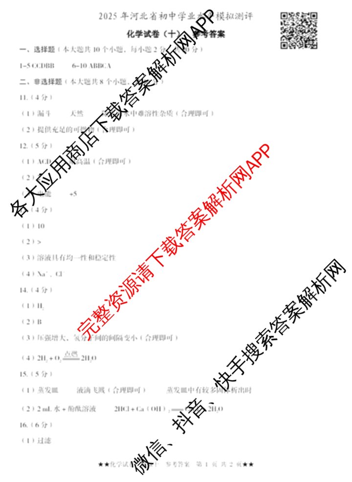 2025年河北省初中学业水模拟测评(十)二星(已更新英语、化学、物理等7份)化学答案