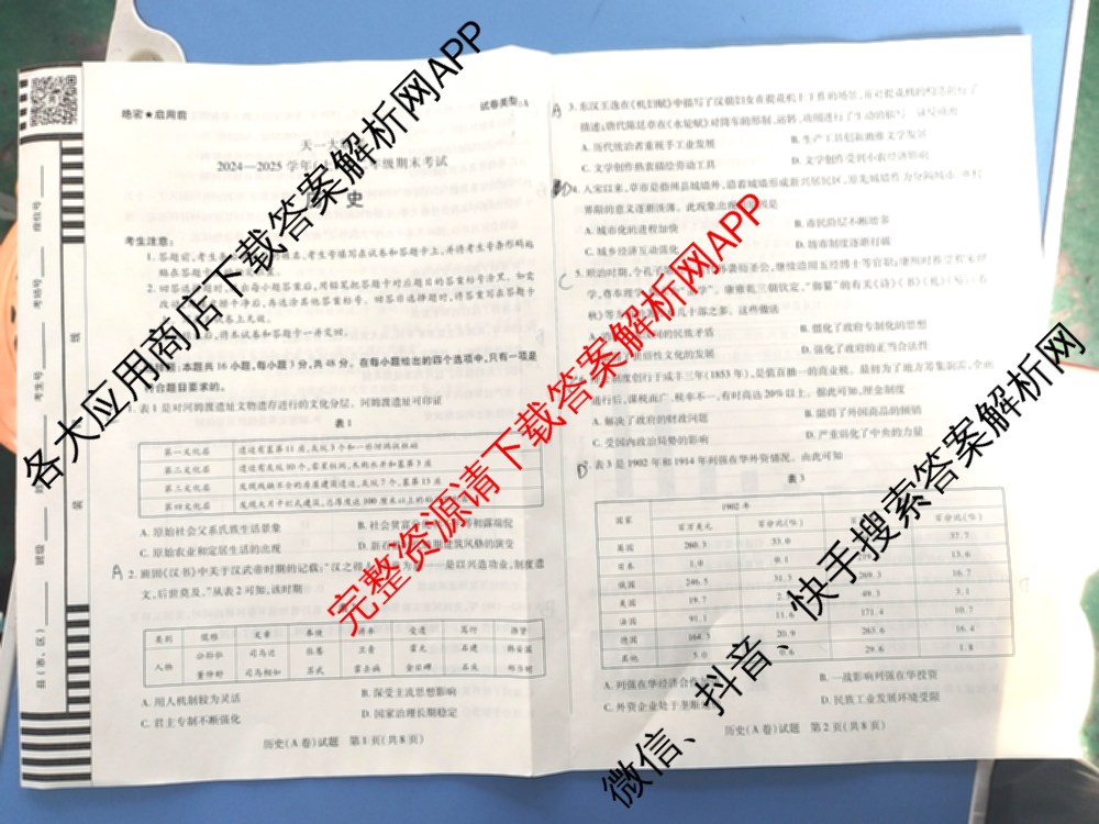 天一大联考2024-2025学年(上)高二年级期末考试各科答案及试卷（含英语(A卷) 政治(B卷) 地理(A)等）历史试题