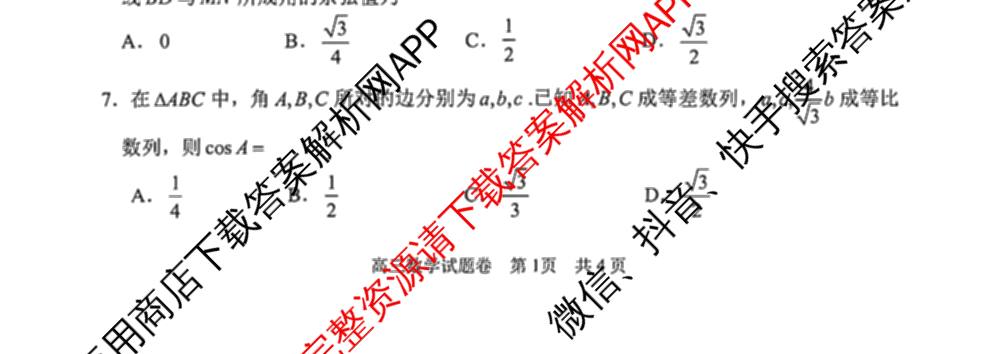 湖州、衢州、丽水2025年4月三地市高三教学质量检测(已更新地理、物理、政治等11份)数学试题
