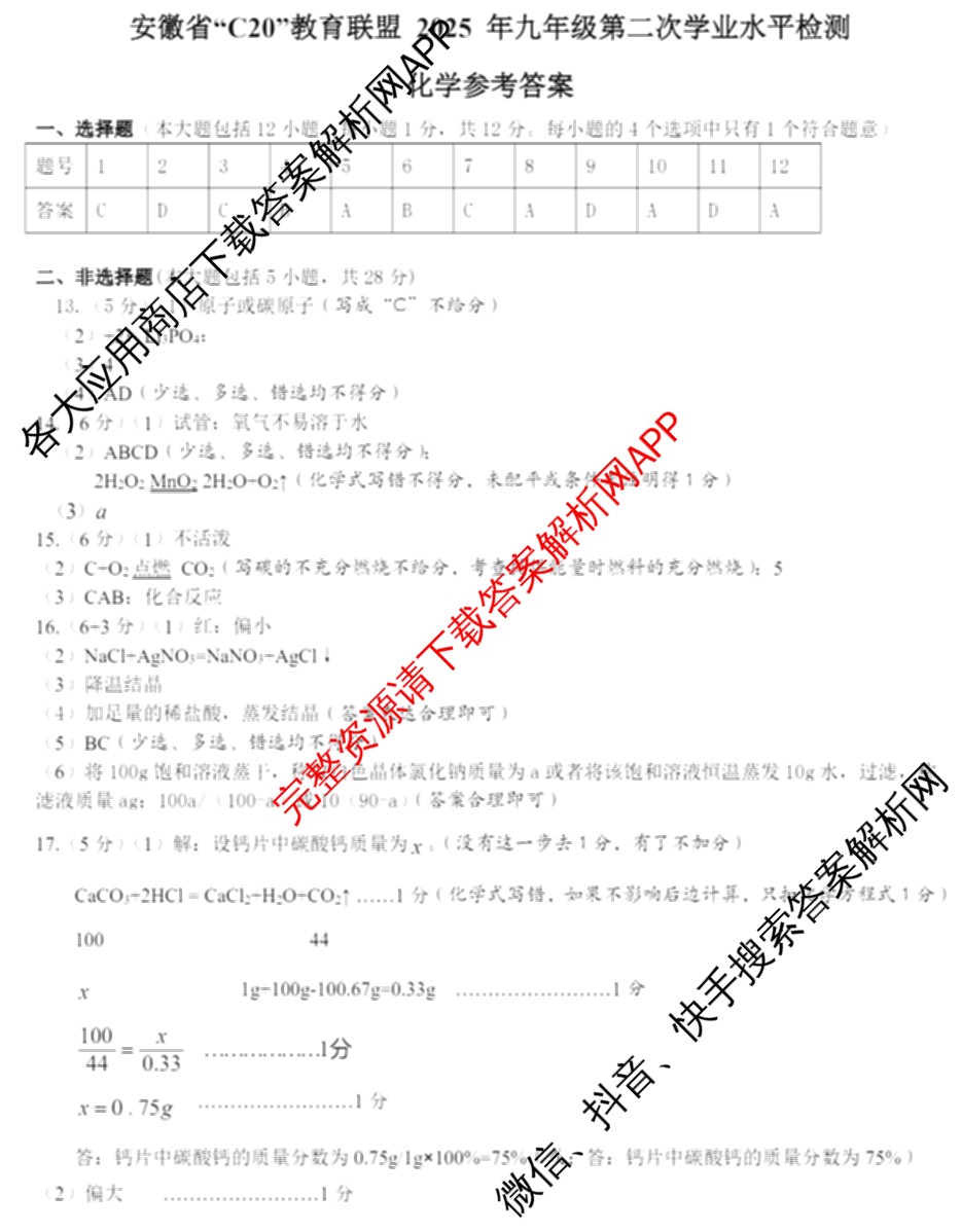 安徽省C20教育联盟2025年九年级第二次学业水检测试卷及答案汇总（含语文 历史 英语等）化学答案