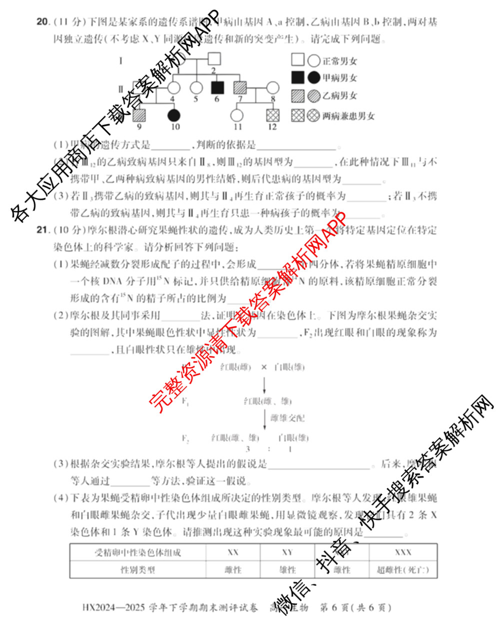 HX 2024-2025学年下学期期末测评试卷高一各科答案及试卷: 含数学、英语、语文试卷解析生物试题
