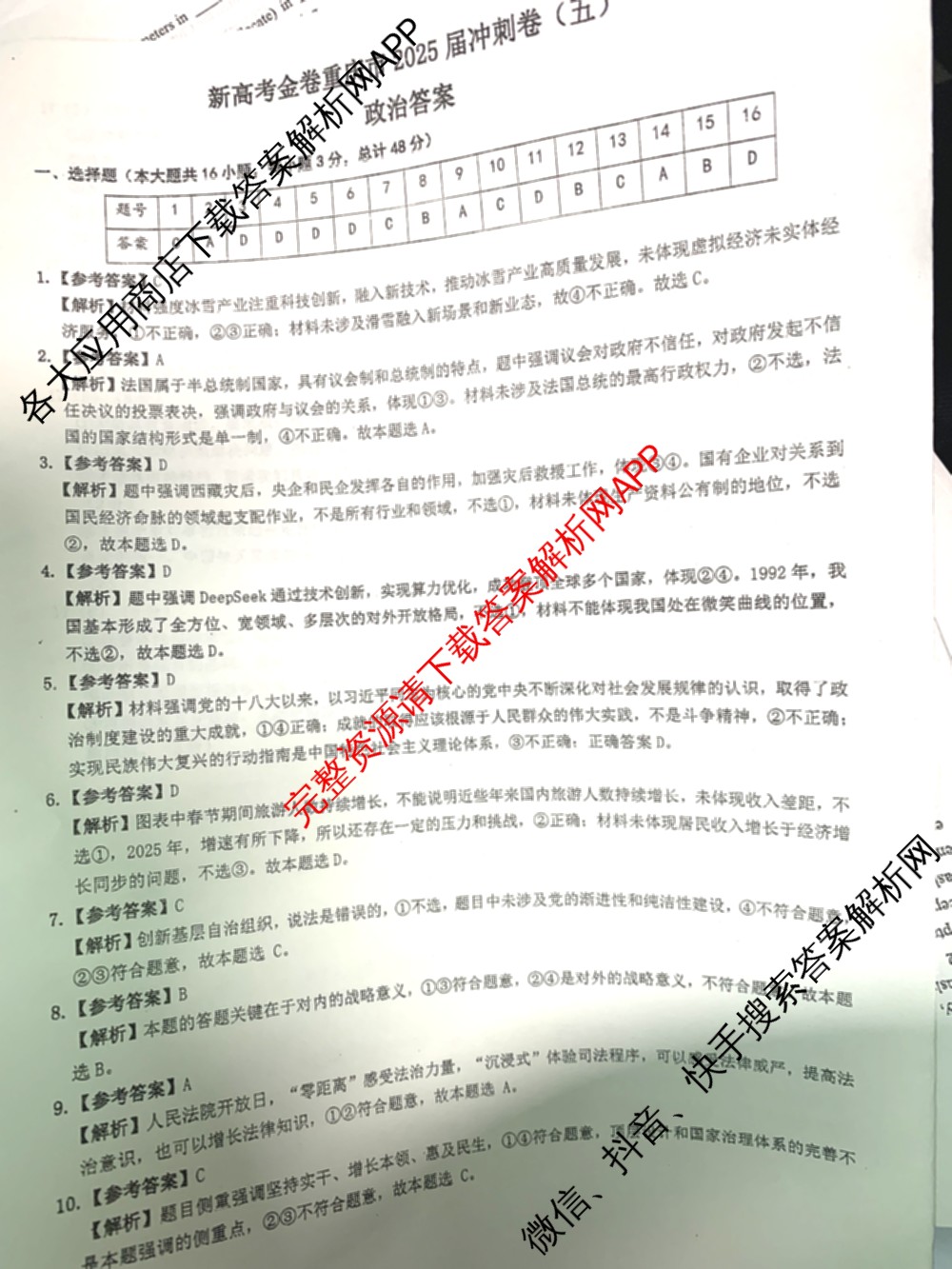 新高考金卷重庆市2025届冲刺卷(五)各科答案及试卷（含数学 地理 历史等）政治答案