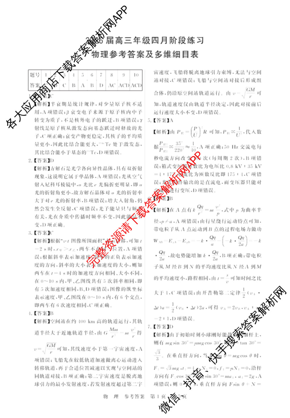 山西省2026届高三年级四月阶段练(SX)试卷及答案汇总(已更新生物(SX)、地理(HN)、政治(HN)等21份)物理答案