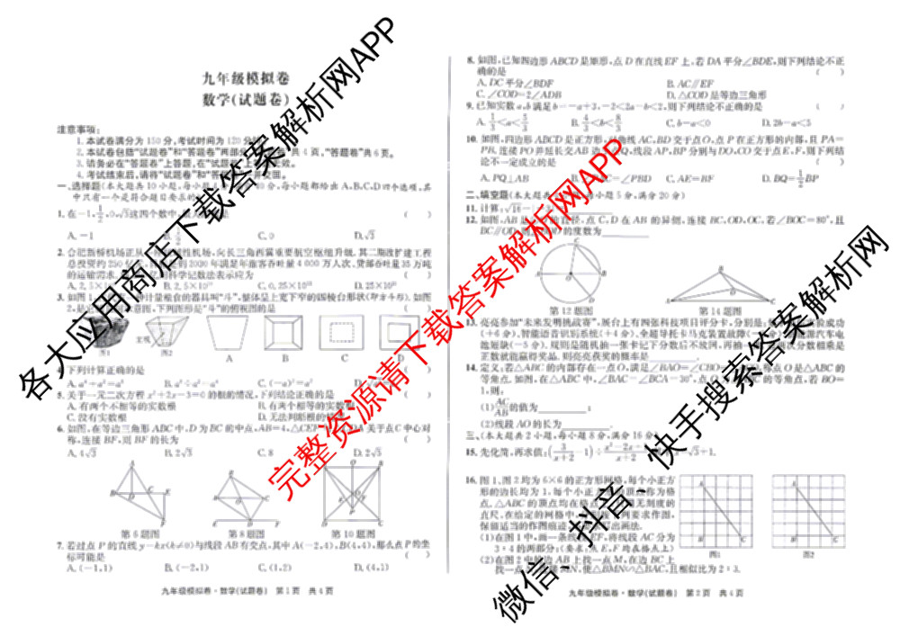 安徽安庆市宜秀区大龙山初级中学等校2025-2026年九年级模拟卷(试题卷)(4月)各科答案及试卷（含历史、化学、道德与法治等）数学试题