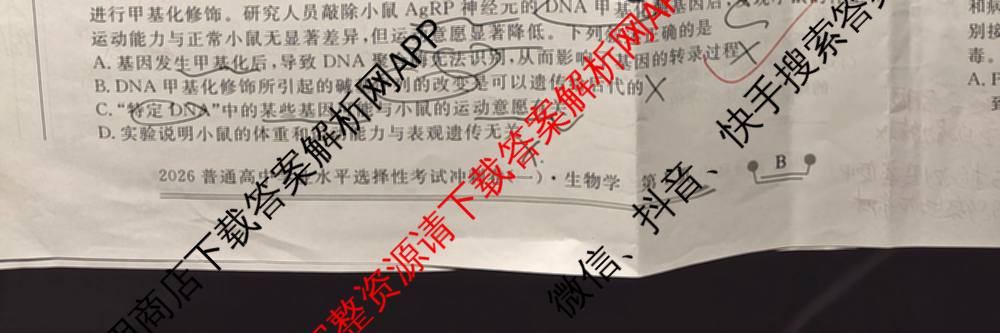 开卷文化2026普通高等学校招生统一考试冲刺卷(一)1各科答案及试卷（含化学(A) 物理 生物(B)等16份）生物试题