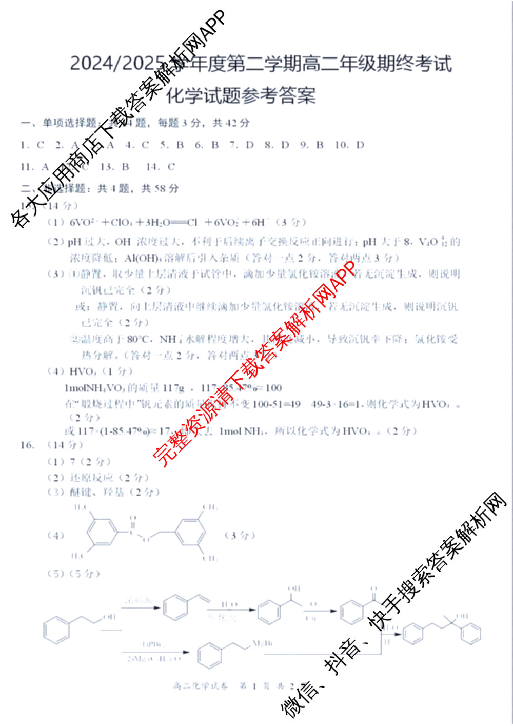 盐城市2024/2025学年度第二学期高二年级期终考试试卷及答案汇总: 含化学 地理 语文试卷解析化学答案