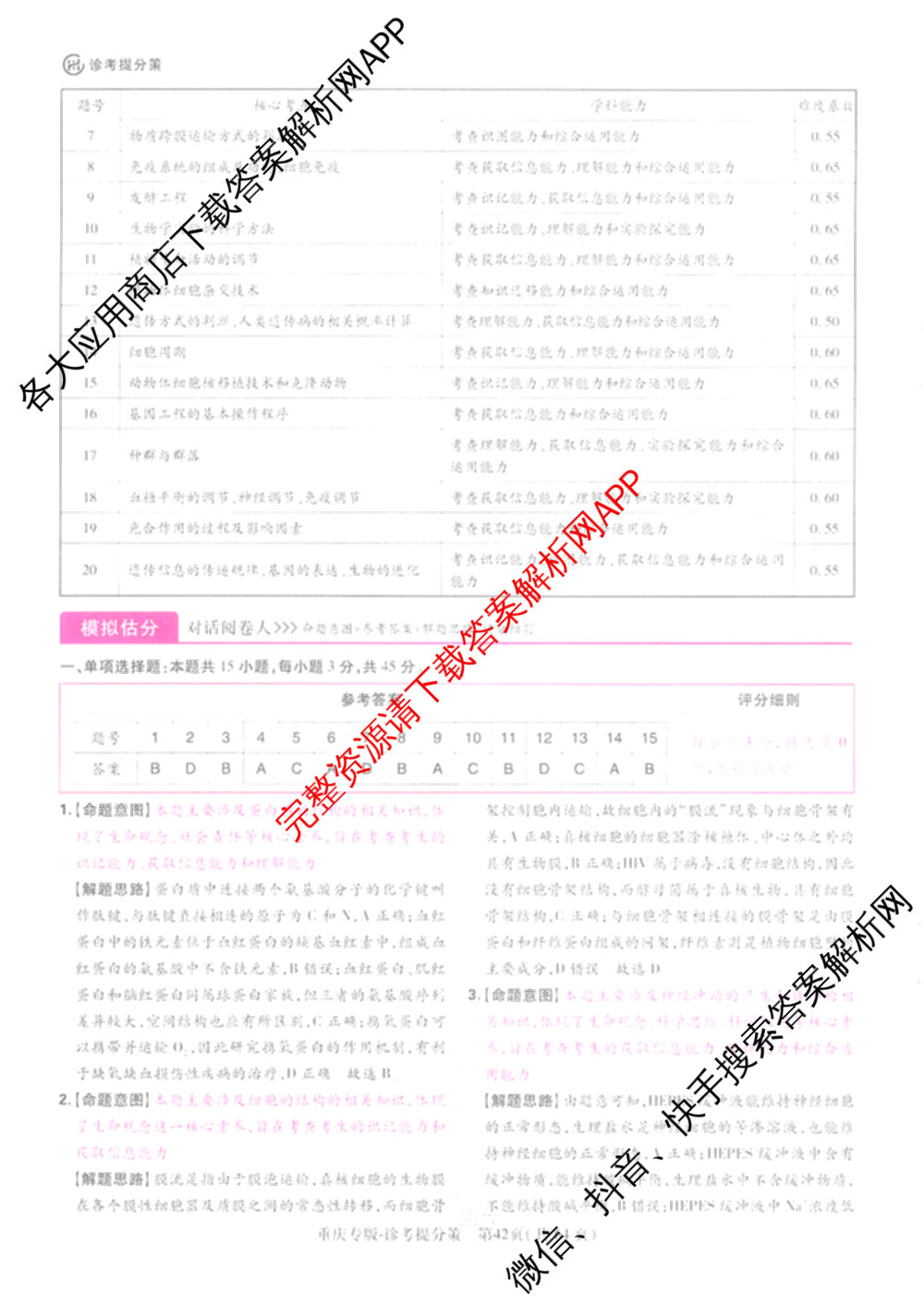 王后雄2024年普通高等学校招生全国统一考试预测卷各科答案及试卷（含语文(安徽专版)、政治(重庆专版)、历史(福建专版)等144份）生物答案