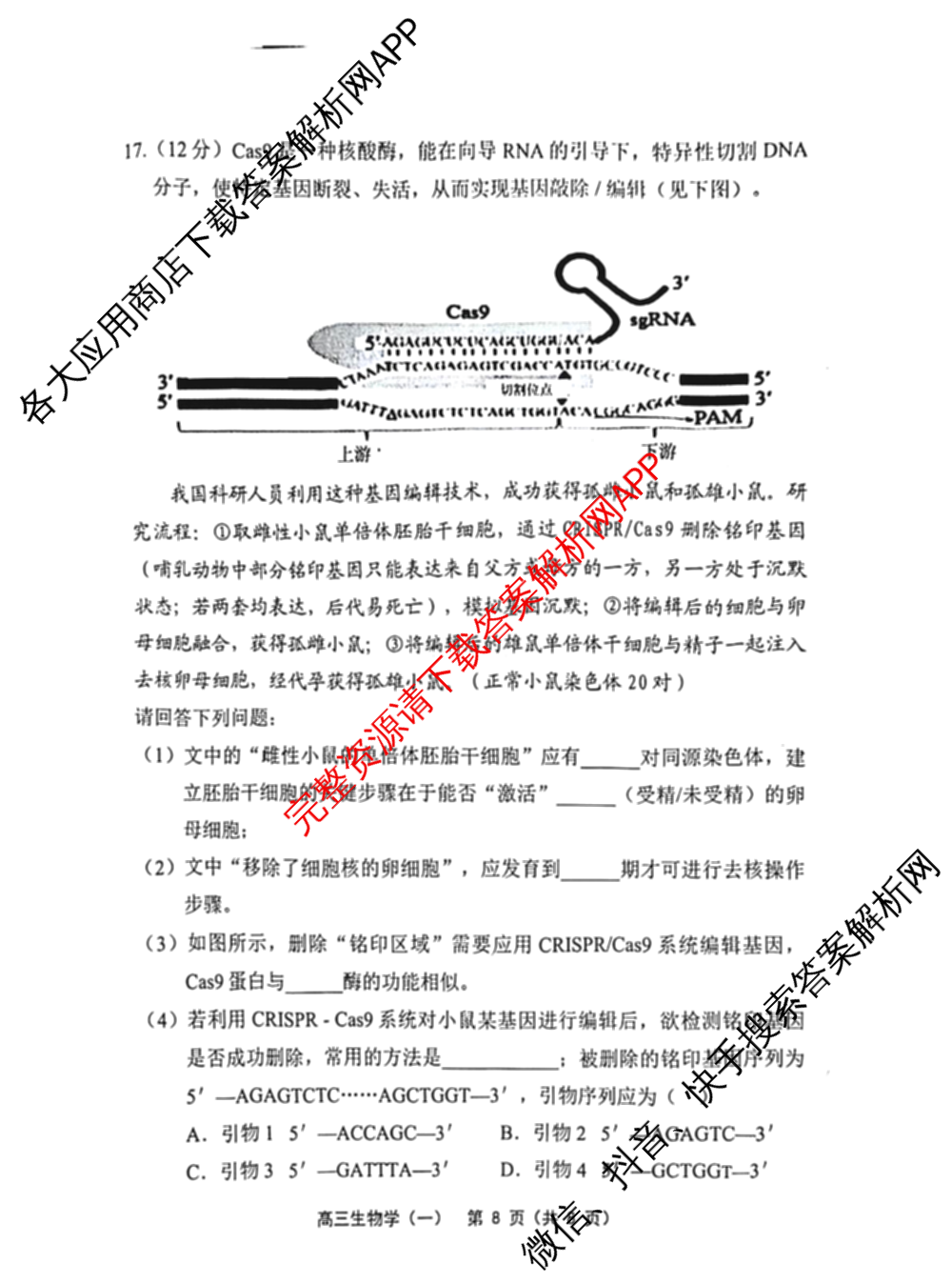 天津市部分区2026年高三质量调查试卷(一)各科答案及试卷（含地理、英语、化学等9份）生物试题