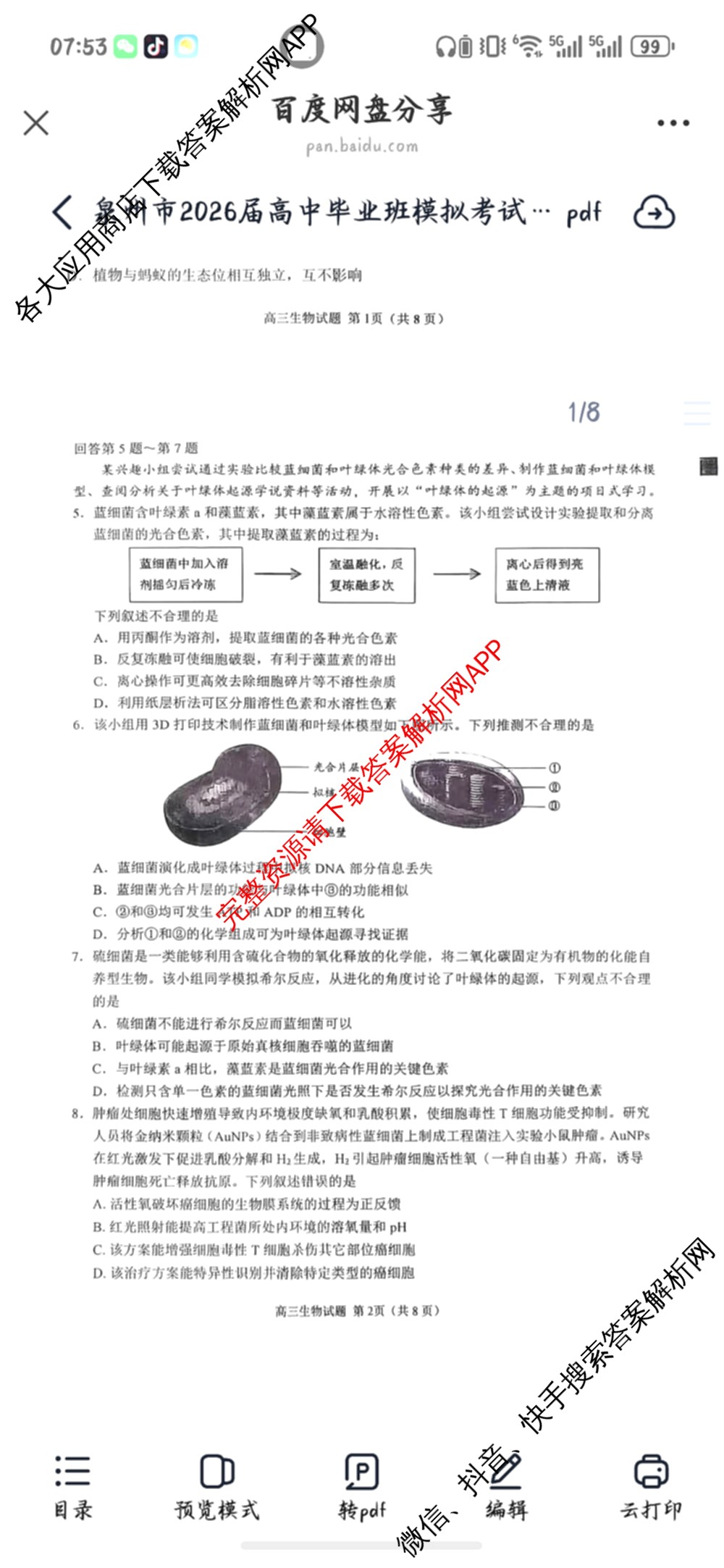 福建省泉州市2026届高中毕业班模拟考试(一)高三2026.3各科答案及试卷（含化学 数学 物理等）生物试题