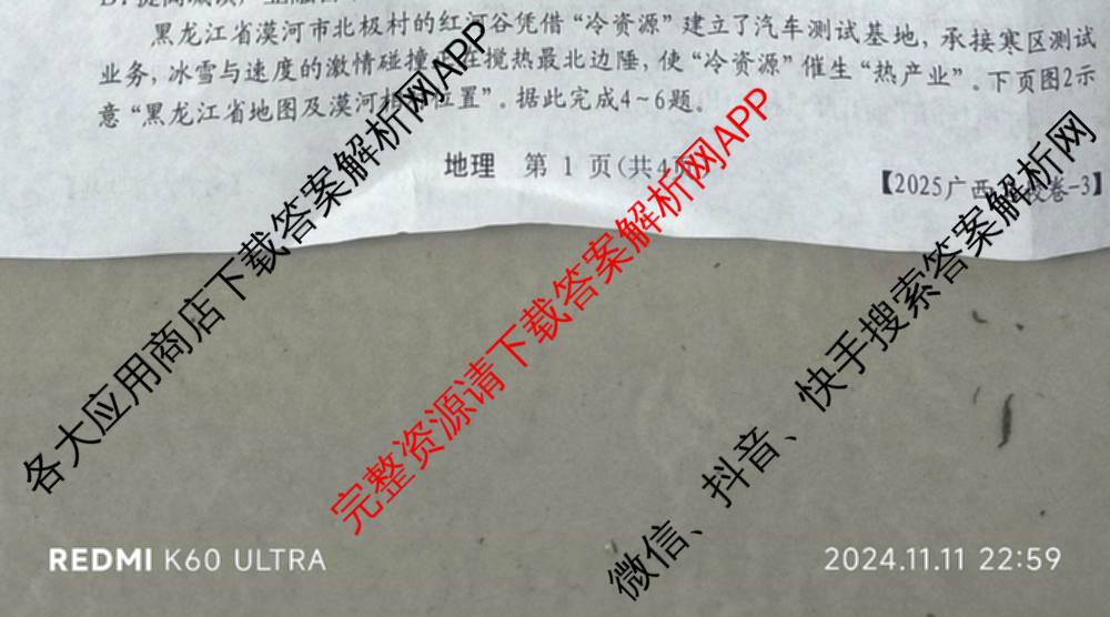 广西名校高考模拟试卷第一次调研考试[2025广西名校卷-3]（含化学 物理 历史等）地理试题