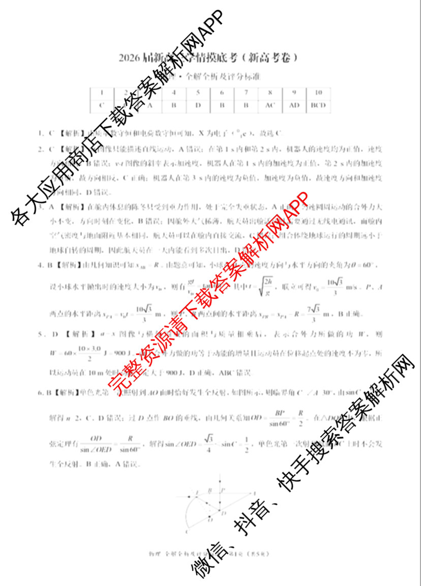 学科网2026届新高三学情摸底考各科答案及试卷（含地理(甘肃) 历史(新课标卷) 历史(甘肃)等58份）物理答案
