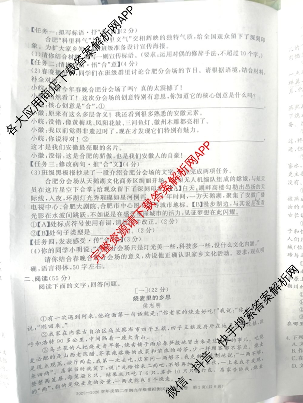 安徽省2025~2026学年度第二学期九年级模拟测试(3月)试卷及答案汇总（7科全）语文试题